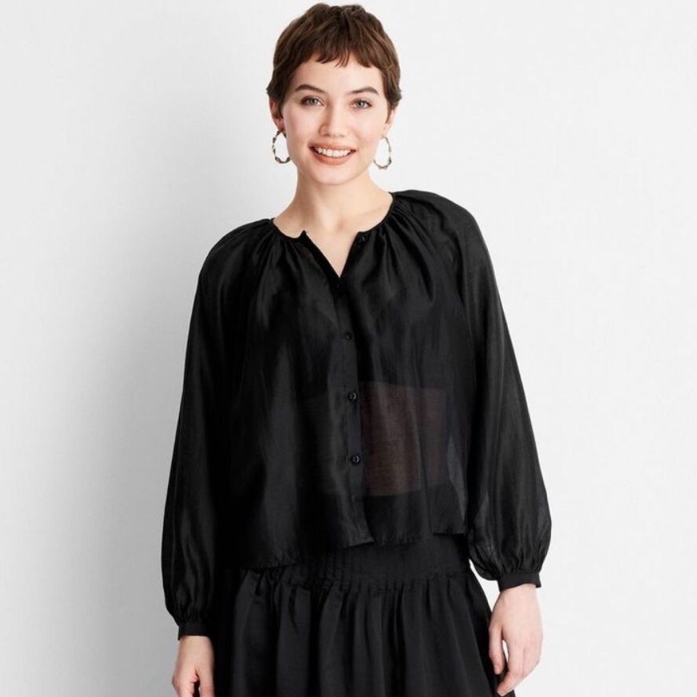 Future Collective - Women's Balloon Long Sleeve Flowy Sheer Boho Top - Black